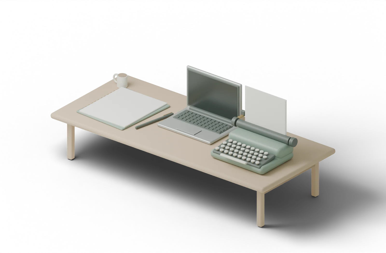 An oak desk with a school notebook and pen, a laptop, and a sage typewriter.